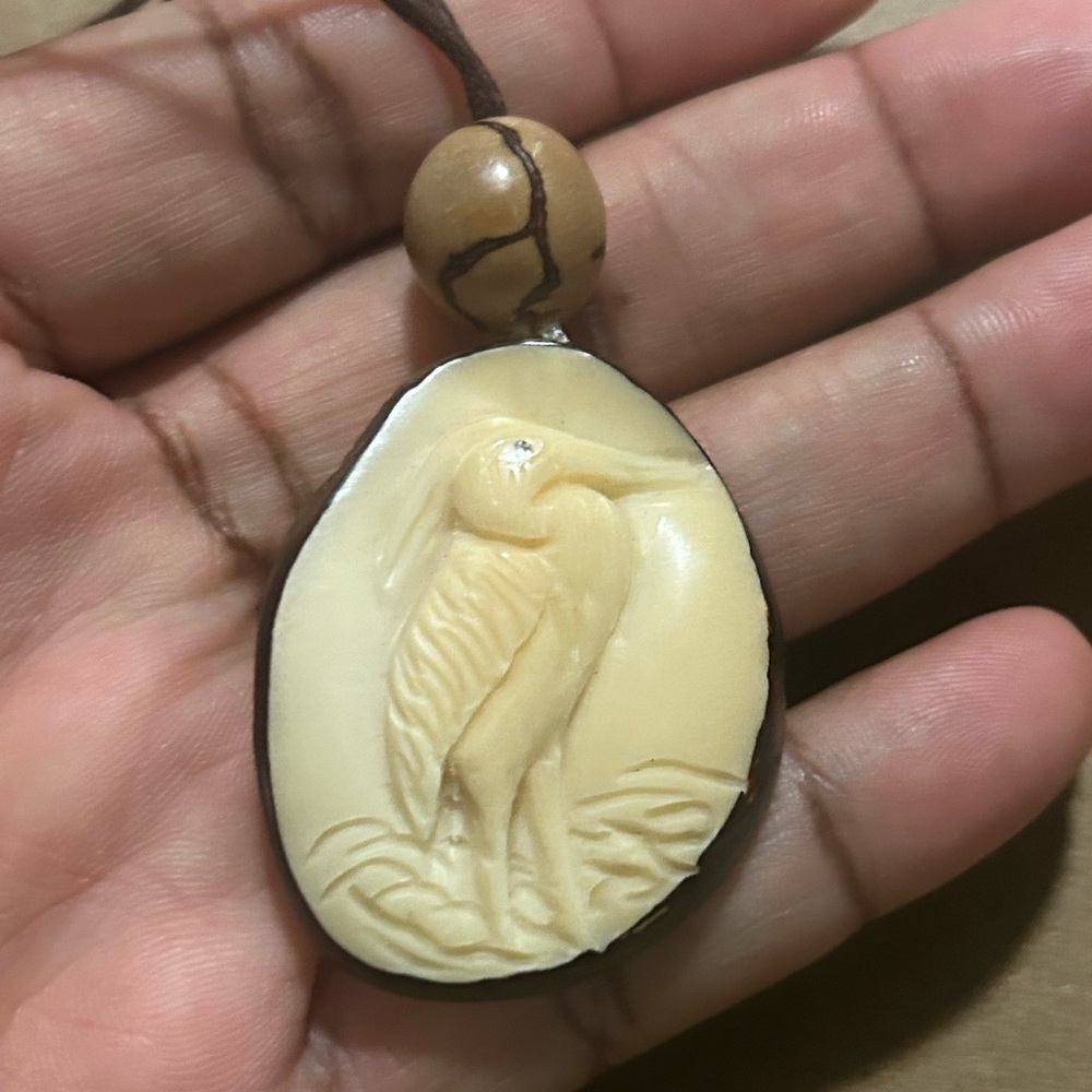 Ivory Nut Carved Pendant - Heron